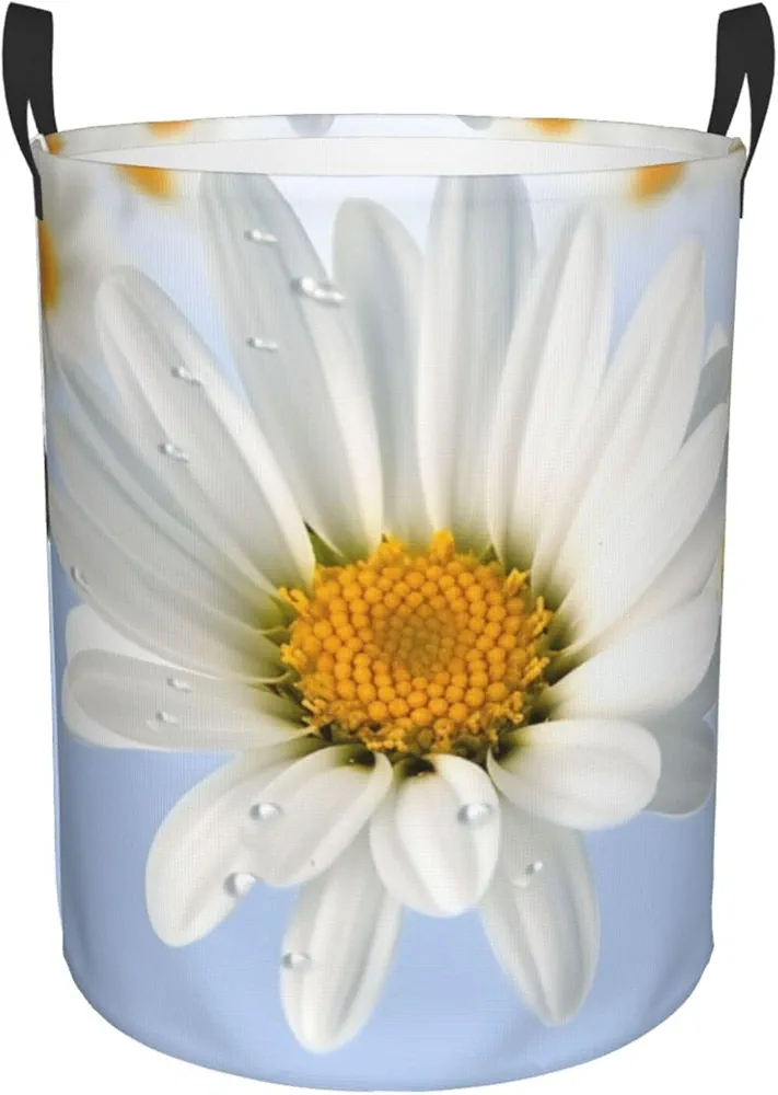 White Daisy Print Laundry Basket Circular Laundry Hamper with Handles Waterproof Circular Hamper Dirty Clothes Basket Portable Storage Bin for Home Organizer Living Room Bathroom Car Small