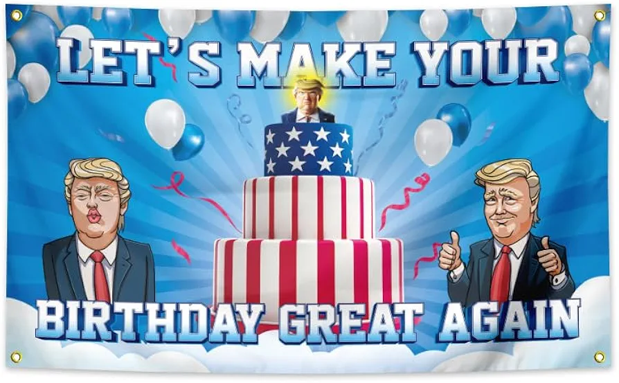 Cartoon Trump Happy Birthday Banner 3x5 Feet Birthday Gift Happy Decorative Flag Suitable For Indoor And Outdoor Room Decoration Theme Gathering., Blue