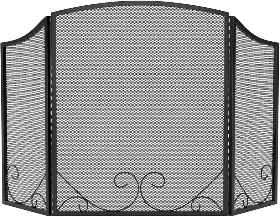 Lizh Metalwork 3-Panel Black Wrought Iron Modern Minimalist Design Fireplace Screen,48"(L) x 29"(H) Spark Guard with Scrolling Design,Decorative Hearth Screen