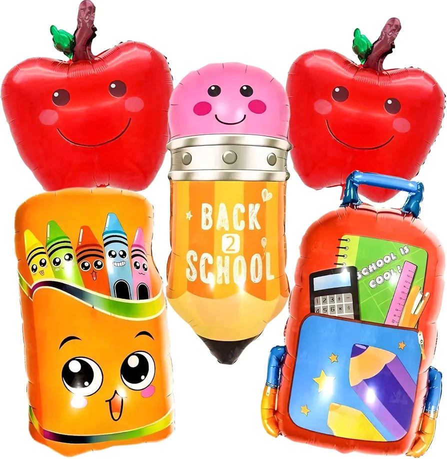 6 Pieces Large Back to School Balloons Set, School Bus Apple Schoolbag Pencil Aluminum Foil Balloons for First Day of School Welcome Back Kindergarten Classroom Decorations