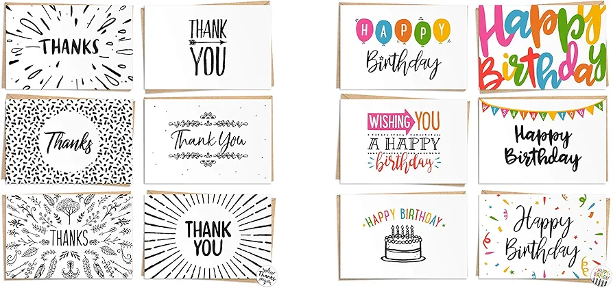 Seymour Butz Bundle of 2 Bulk Greeting Card Sets- 120 Pack Happy Birthday Cards and 120 Pack Thank You Cards – Each Set Includes 6 Designs With Craft Paper Envelopes