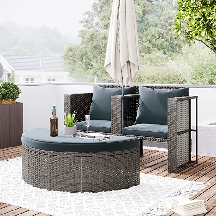 Merax Patio Conversation Set, 2-Piece All-Weather PE Wicker Set, Rattan Sofa Set, Outdoor Patio Half-Moon Sectional Furniture Set, Side Table for Umbrella (Grey+Grey, 2 Piece)