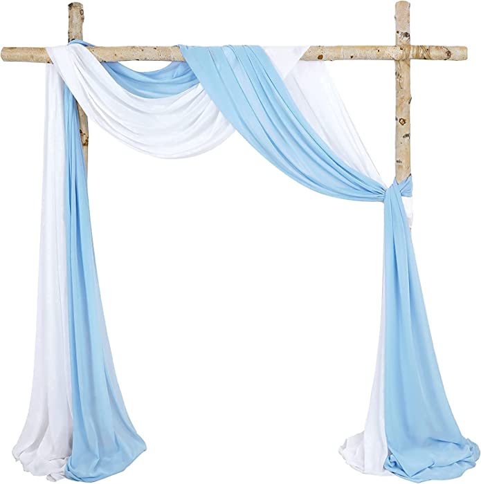 Wedding Arch Drapes Fabric 2 Panels White and Light Blue Photography Backdrop 6 Yards Chiffon Drapery for Party Ceremony Stage Reception Decoration