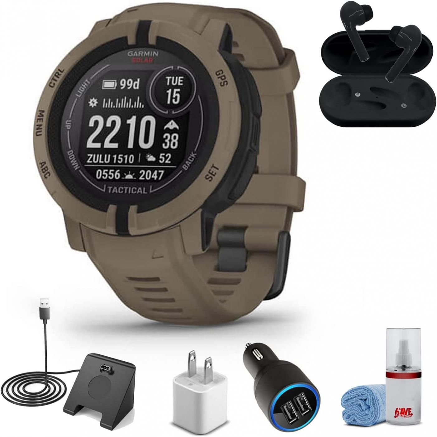 Garmin Instinct 2 Solar - Tactical Edition Smart Watch Coyote Tan (45MM) + Wireless Headphones + Watch Charging Stand + USB Car/Wall Adapter + 6Ave Cleaning Kit (010-02627-14)