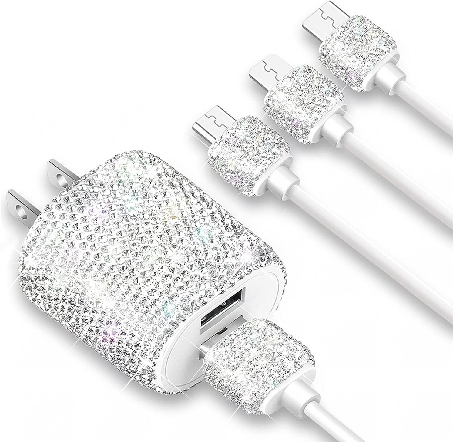 Bling USB Wall Charger with Charging Cable,Fast Block for iPhone Android,3-in-1 Multi Charger Cable Micro USB Type C Multiple USB Cord with Crystal Decoration,Cell Phone Accessories for Women,Girls