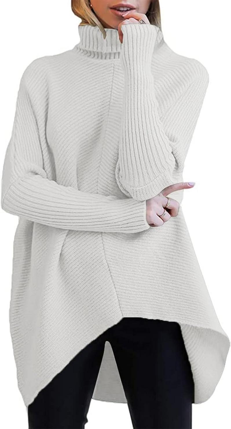 ANRABESS Womens Turtleneck Oversized Sweater 2023 Long Batwing Sleeve Asymmetric Hem Casual Knit Pullover Tunic Sweater