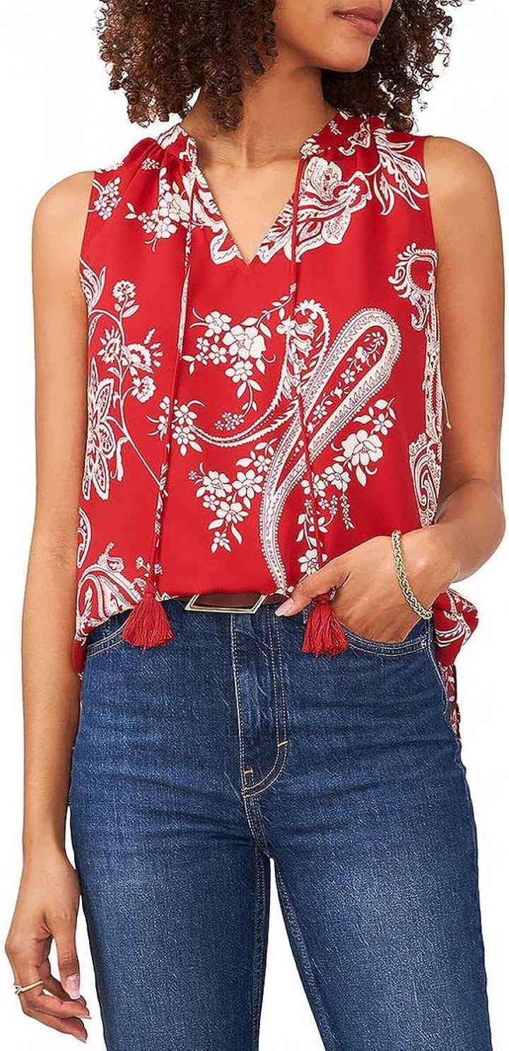 Vince Camuto Sleeveless Split-Neck Blooming Paisley Blouse