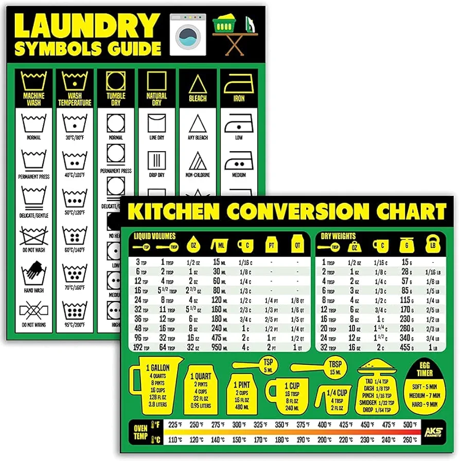 Laundry Symbols Guide and Kitchen Conversion Chart Magnet Combination Bundle - Extra Large Easy to Read 11” x 8.5” Home & Kitchen Cheat Sheets – Functional Decor for The Kitchen and Laundry Room