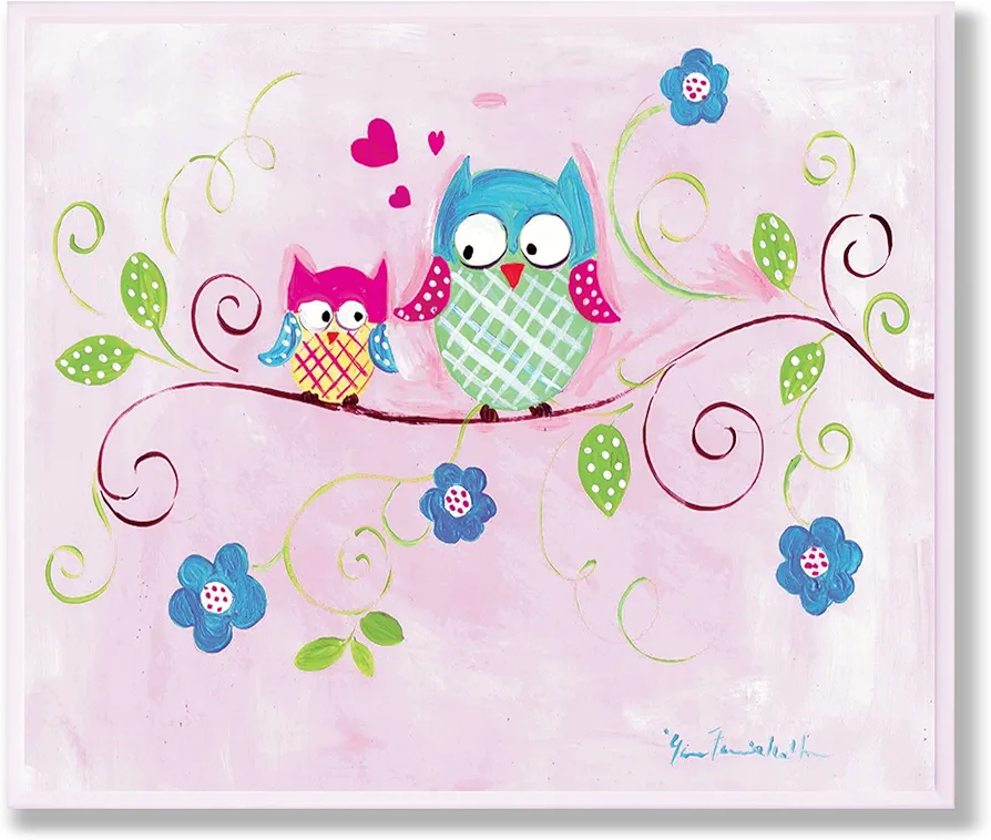 The Kids Room by Stupell Owls on Swirly Tree Branch with Flowers and Pink Background Rectangle Wall Plaque