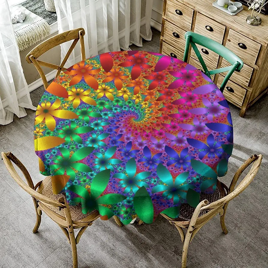 Tie Dye Round Tablecloth, Rainbow Spirals Flower Petals Print Table Cloth Boho Colorful Mandala Table Cover for Dining Room Kitchen Decoration, Round(70x70in)