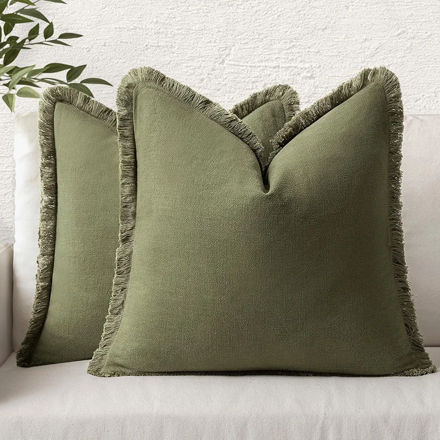 MIULEE Set of 2 Linen Throw Pillow Covers Decorative Square Pillow Covers Farmhouse Style Boho Cushion Covers Olive Green Pillow Covers with Fringe for Living Room 20x20 Inch