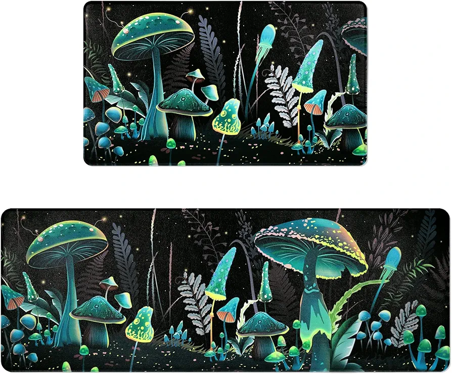 ASPMIZ Kitchen Mats Cushioned Anti Fatigue 2 Piece, Green Mushroom Waterproof Kitchen Rugs Non Slip, Washable Standing Floor Mats Sink Runner Rugs for Kitchen Room Decor 18'' x 48''+18'' x 30'' Black