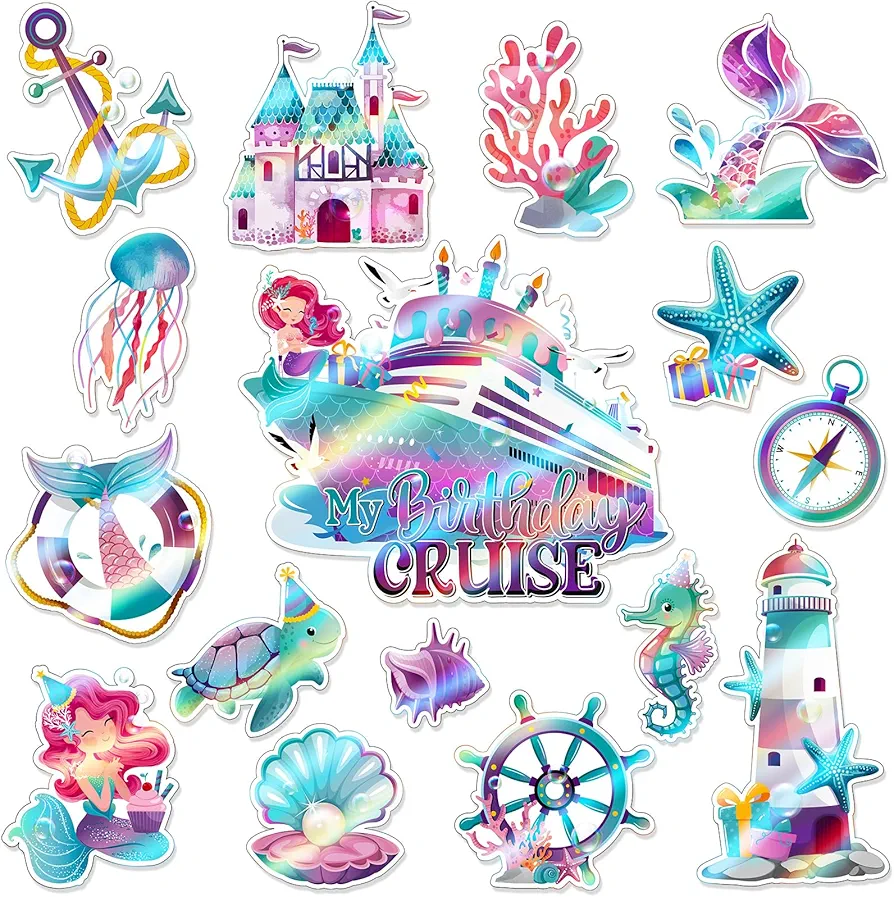 16 Pieces Mermaid Magnets Sea Cruise Door Decorations Magnetic Ocean Birthday Party Magnets for Cruise Ship Door Refrigerator Fridge Car Carnival Cruise Party Magnetic Decor Supplies