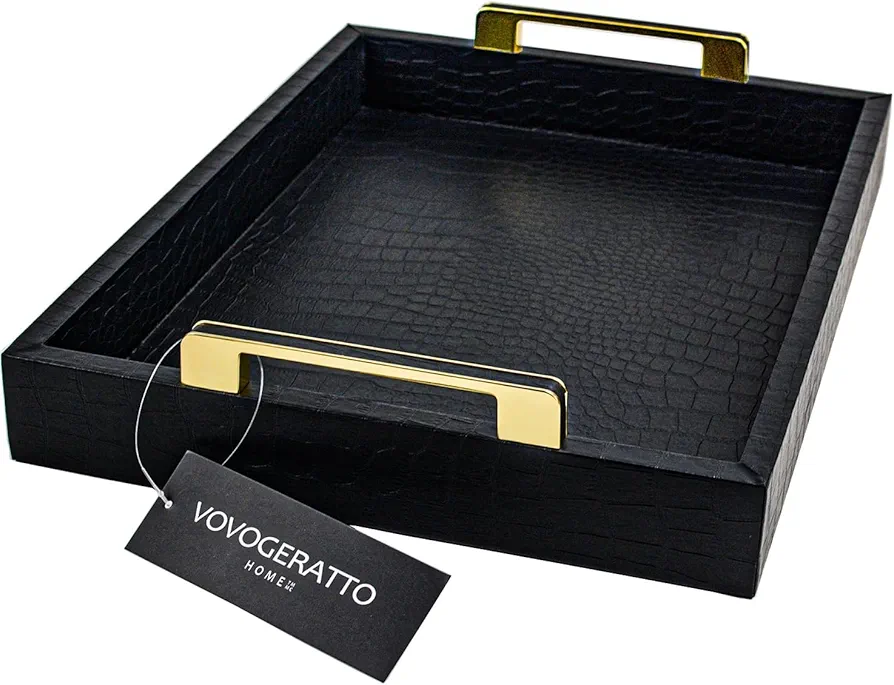 Black Serving Tray with Gold Handles, Decorative Tray for Coffee Table, Rectangular Ottoman Tray, 16" x 12" Premium Crocodile Leather Tray for Home Decor, Bedroom, Living Room