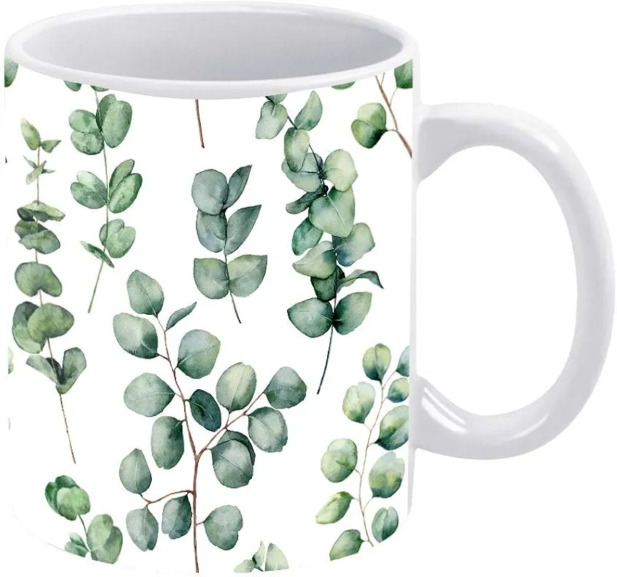 Mug 14Oz Coffee Mug Watercolor Pattern Eucalyptus Round Leaves Painted Funny Ceramic Mug Best Gifts for Living Room Office Classroom Birthday Christmas Anniversary Cute Cups