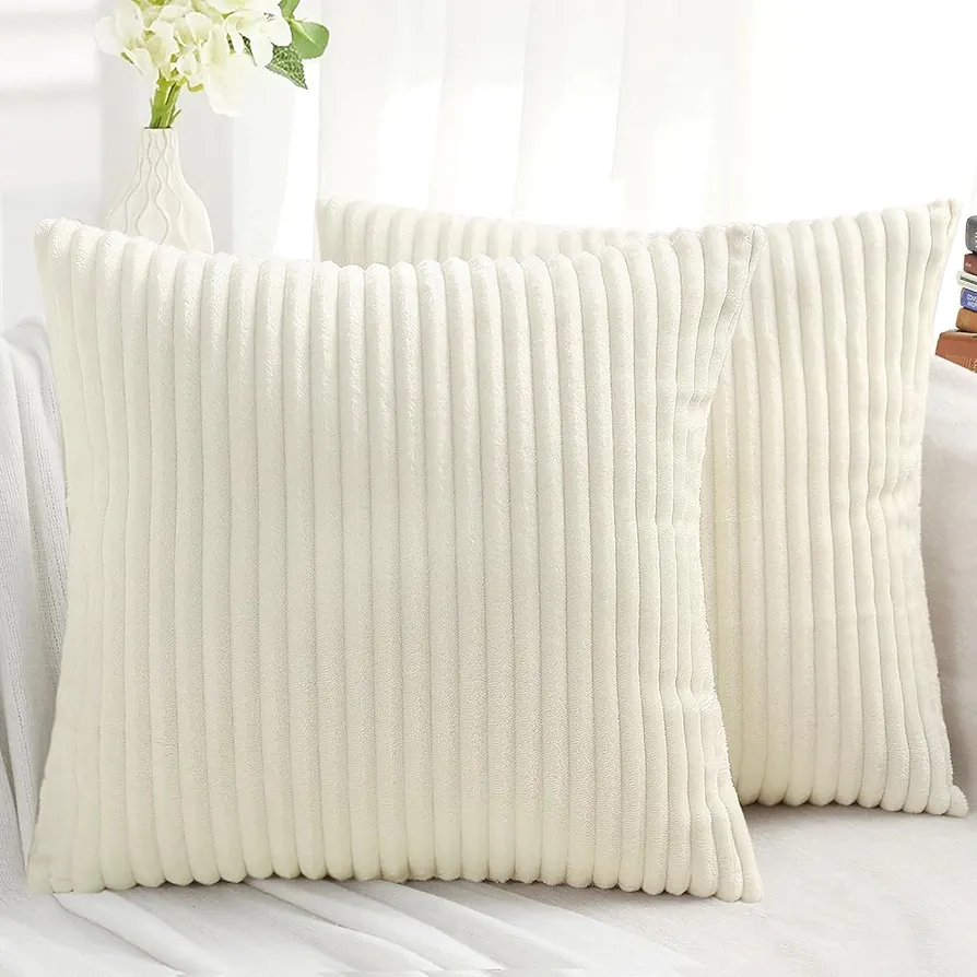 Decorative Throw Pillow Covers 18x18 Set of 2, Soft Plush Flannel Double-Sided Fluffy Couch Pillow Covers for Sofa Living Room Home Decor, Cream White