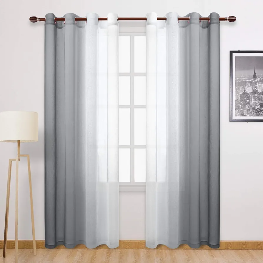 DWCN Grey Faux Linen Ombre Sheer Curtains - Semi Voile Gradient Grommet Top Curtains for Bedroom and Living Room, Set of 2 Window Curtain Panels, 52 x 84 Inches Long