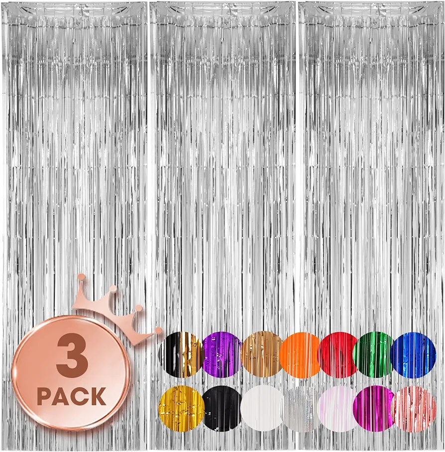 3 Pack 3.3x8.2 Feet Silver Foil Fringe Backdrop Curtains, Tinsel Streamers Birthday Party Decorations, Fringe Backdrop for Graduation, Baby Shower, Gender Reveal, Disco Party