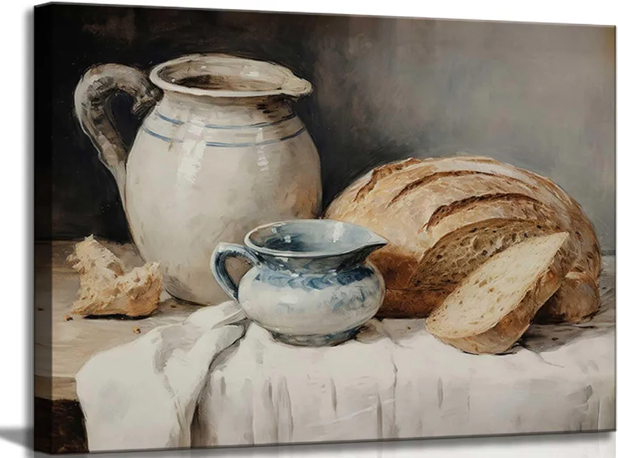 Framed Country Kitchen Canvas Wall art Vintage Rustic Farmhouse Sourdough Bread Still Life Painting Picture Wall Decor Poster Print Artwork for Farm Living Room Dining room Home Decoration