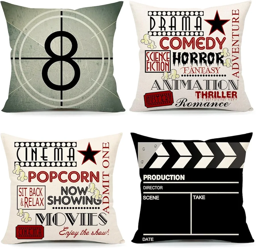 4TH Emotion Home Movie Theater Pillow Covers Set of 4 18x18 Inch, Vintage Movie Room Accessories, TV Room Decorations, Retro Cinema Throw Cushion Case for Sofa Couch