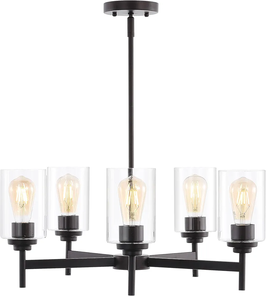 JONATHAN Y JYL9546A Orpheus 24" 5-Light Farmhouse Industrial Iron Cylinder LED Chandelier Modern Transitional Adjustable Dining Room Living Room Kitchen Island Foyer, Oil Rubbed Bronze/Clear