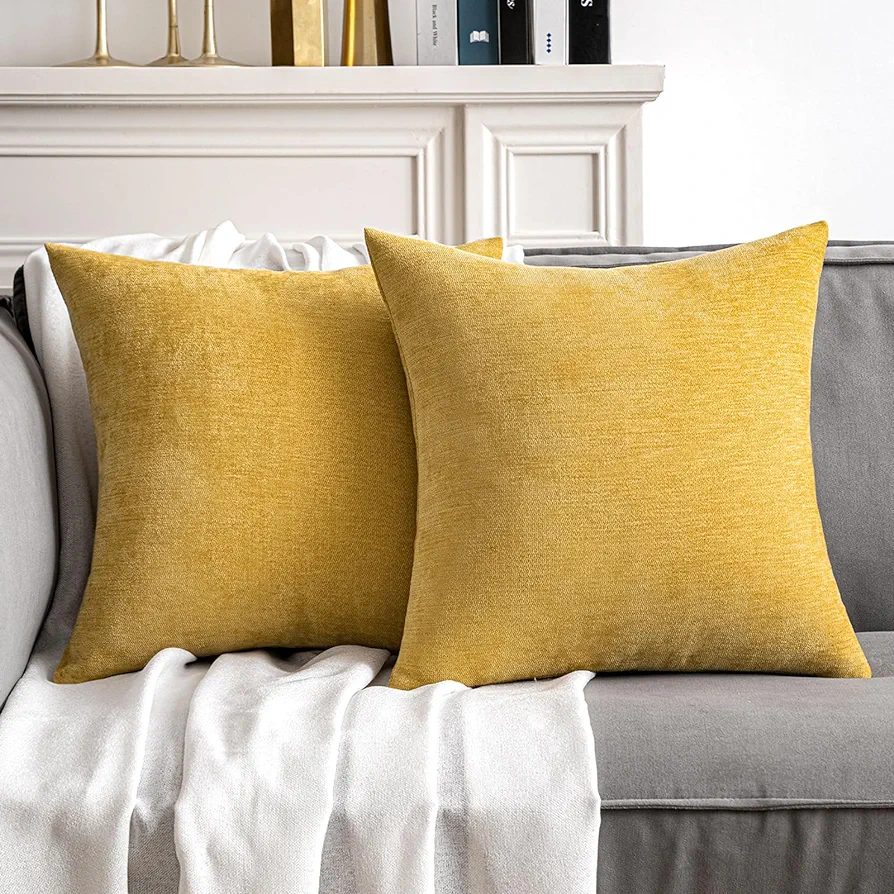 MIULEE Pack of 2 Mustard Yellow Decorative Pillow Covers 18x18 Inch Soft Chenille Couch Throw Pillows Farmhouse Cushion Covers for Home Decor Sofa Bedroom Living Room