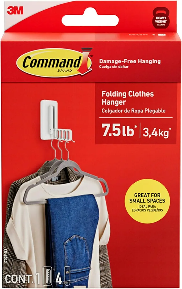 Command Folding Clothes Hanger, Holds up to 5 Hangers 7.5 lb, 1.5lbs per Rung, 1 Hook with 5 Rungs, 3 Command Strips, Closet Organizer, Home Organization