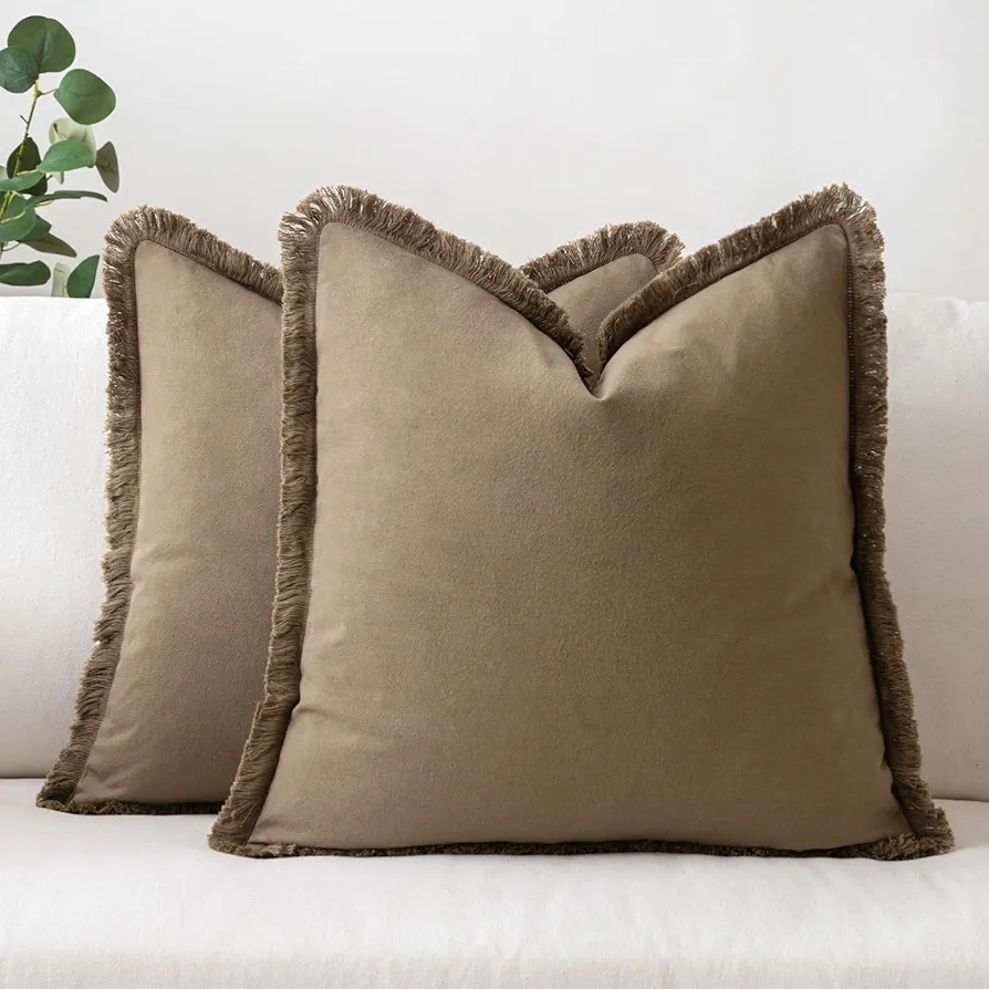 MIULEE Throw Pillow Covers 20x20 Set of 2 Brown Pillow Covers with Fringe Chic Cotton Decorative Pillows Square Cushion Covers Farmhouse Boho Decor for Sofa Couch Bed Living Room