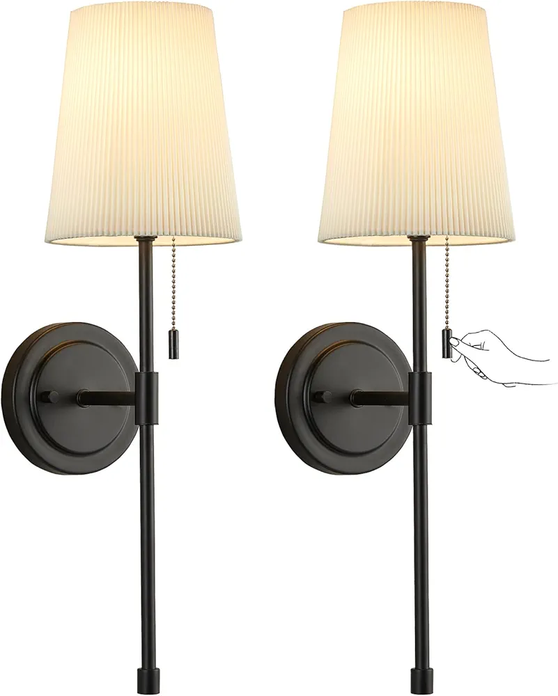 Wall Sconces Set of 2, Retro Industrial Wall Lamps with Pull Chain, Hardwired Bathroom Vanity Sconces Wall Lighting with White Fabric Shade, Indoor Wall Lights for Bedroom Living Room Corridor