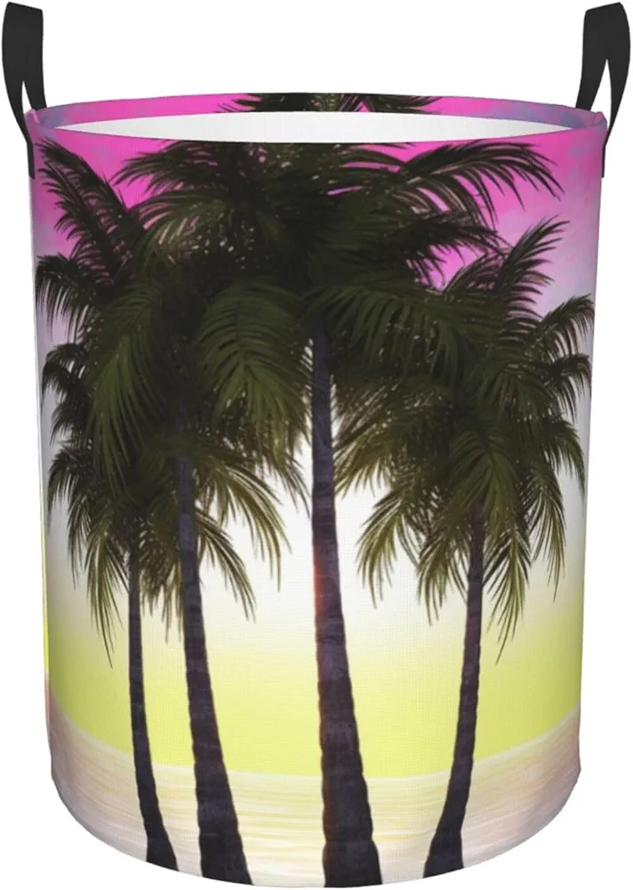 Tropical Palm Tree Print Laundry Basket Circular Laundry Hamper with Handles Waterproof Circular Hamper Dirty Clothes Basket Portable Storage Bin for Home Organizer Living Room Bathroom Car Small