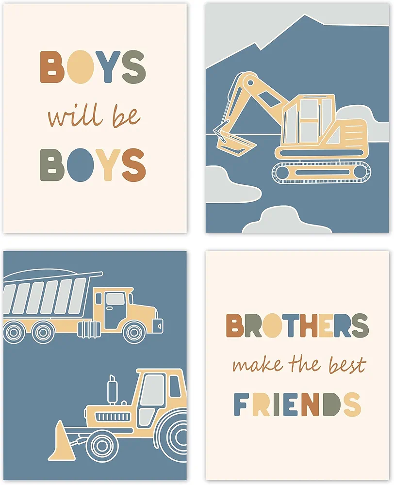 TLESKE Construction Car Decor for Boys Room Posters Prints Unframed 4pcs, Boy Nursery Wall Art Decor, Transportation Trucks Wall Art Prints Decor for Toddlers Boys Room Kids Playroom Classroom, 8x10in