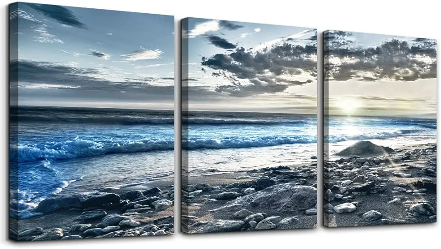 Lapremoly Canvas Wall Art For Living Room Farmhouse Wall Decor For Bedroom Office Wall Decoration Blue Beach Wall Painting Ocean Sea Wave Pictures Poster Print Artwork Room Home Walls Decor 3 Piece