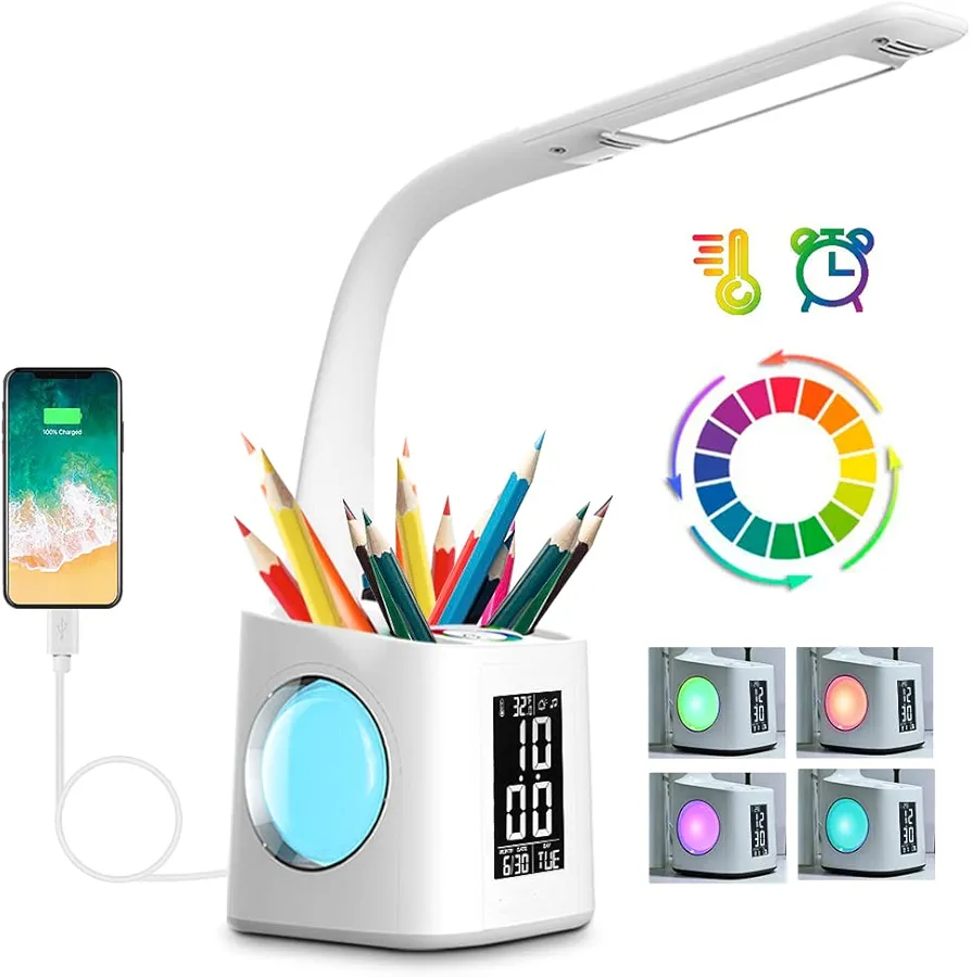 wanjiaone LED Desk Lamp with Clock,Color Changing Nightlight,Study Lamp with Pen Holder,Desk Light with USB Charger,Table Light for Home,Office,Bedroom,Gift for Kids,Students,Women,White