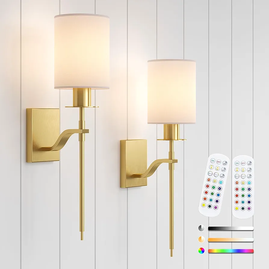 SURAIELEC Wall Lights Battery Operated, Non Hardwired Wall Sconce with Remote, 12 RGB Colors & Timer, Gold Wireless Rechargeable Wall lamp for Bedroom Living Room, Dimmable, Set of 2