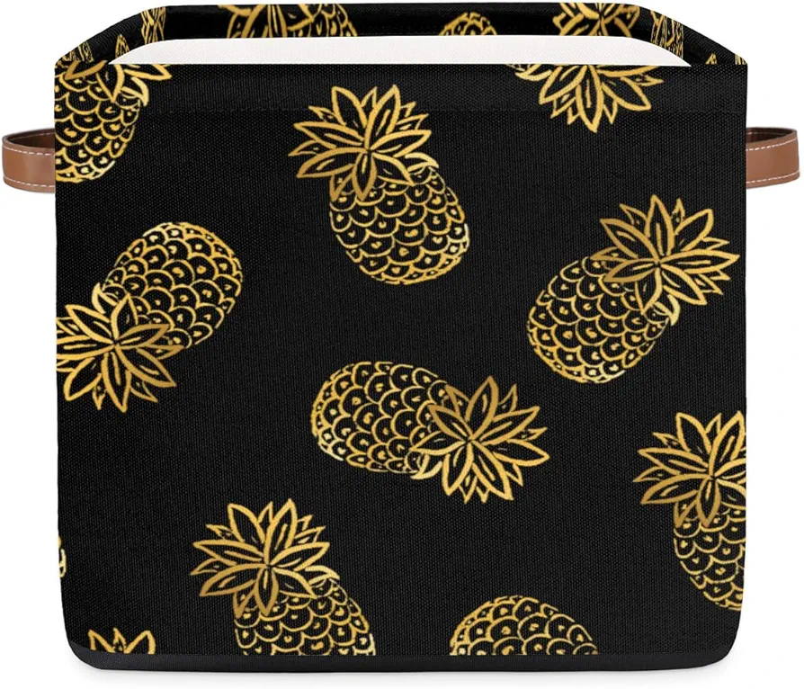 Golden Pineapple Square Storage Basket Toy Blanket Books Storage Bin, Foldable Basket Organizer Laundry Basket for Bedroom Bathroom Living Room Home Decor(Fruit Black)