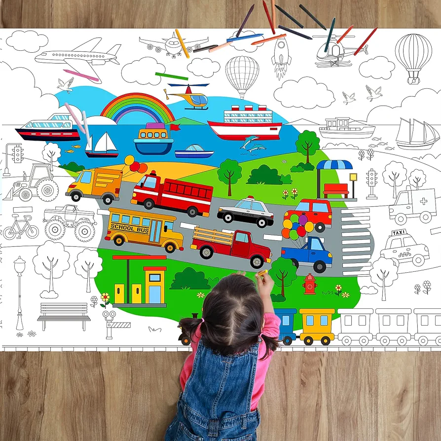 ZOIIWA Transportation Coloring Poster for Kids Giant Coloring Poster Large Traffic Car Coloring Tablecloth Jumbo Coloring Books for kids Classroom Home Birthday Party Supplies Favor 31.4 x 43.3 Inch