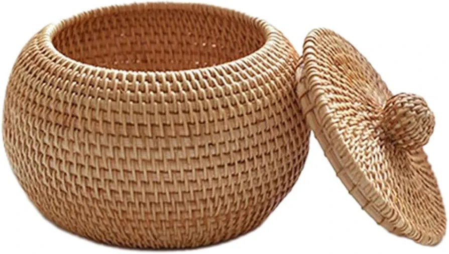 Rattan Woven Storage Basket, Multifunctional Rattan Storage Basket with Lid for Bedroom Living Room Laundry Room