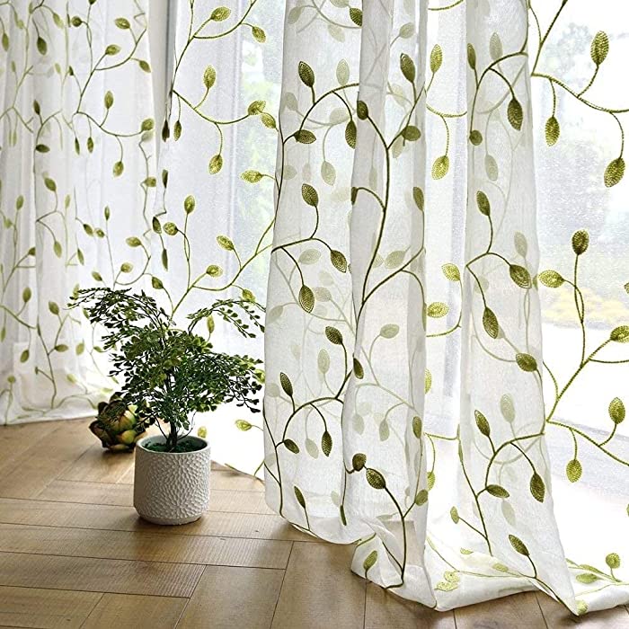 TIYANA Ivy Leaf Embroidered Sheer Panels 96 inch Long Window Crushed Sheer Gauze Curtain Panels Room Curtain Voile Tulle Window Drapery Rod Pocket, 1 Panel, Green Leaf White Sheer, W40 x L96 inch