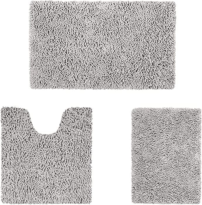 HOMEIDEAS 3 Pieces Bathroom Rug Set, Ultra Soft Non Slip Bath Rug and Absorbent Chenille Bath Mat, Light Grey Bathroom Rugs, Plush Bath Mats for Bathroom, Tub, Shower