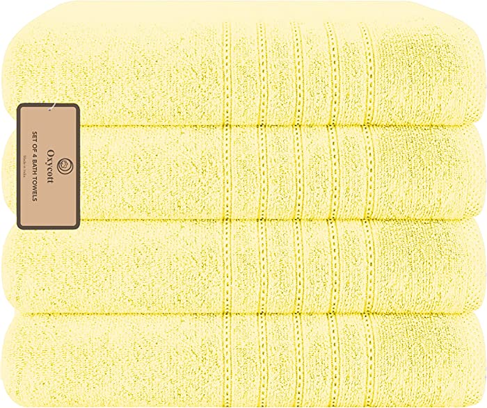 Oxycott 100% Cotton Set of 4 Bath Towels 27x54, Ultra Soft Absorbent Quick Dry Extra Large Bath Towels for Bathroom, Hotel Quality Luxury Spa Collection Bath Towel Set Bulk 4 Pack Pale Yellow