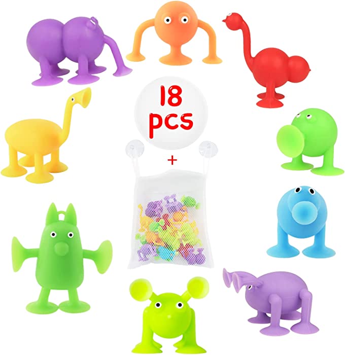 Suction Cup Toys, Bath Toys for Kids Ages 3-8, Window Toys Bathtub Toys Suction Toys, Sensory Toys for Autism/ADD/ADHD, 18 Pack Animal Shape Sucker Toys Comes with Fidget Toy Bag