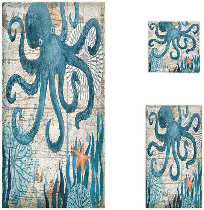 Naanle Vintage Ocean Octopus Starfish Map Soft Luxury Decorative Set of 3 Towels, 1 Bath Towel+1 Hand Towel+1 Washcloth, Multipurpose for Bathroom, Hotel, Gym, Spa and Beach