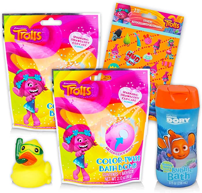 Trolls World Tour Bubble Bath Bombs for Girls Bundle ~ with 2 Scented Color-Changing Bath Bomb, Bubble Bath, Rubber Ducky, and Stickers