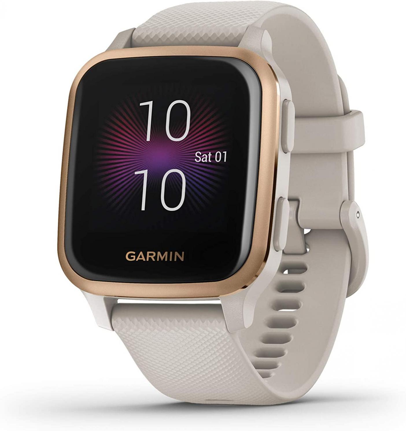 Garmin Venu Sq Music, GPS Smartwatch with Bright Touchscreen Display, Features Music and Up to 6 Days of Battery Life, Rose Gold with Tan Band (Renewed)