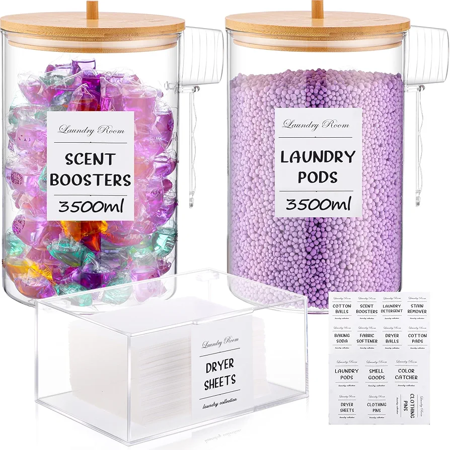 2 Pcs Large Laundry Room Organization Jars, 0.92 Gallons 3500ml Glass Jars with Bamboo Lid, Acrylic Dryer Sheet Holder 2 Scoops and 14 Labels for Detergent