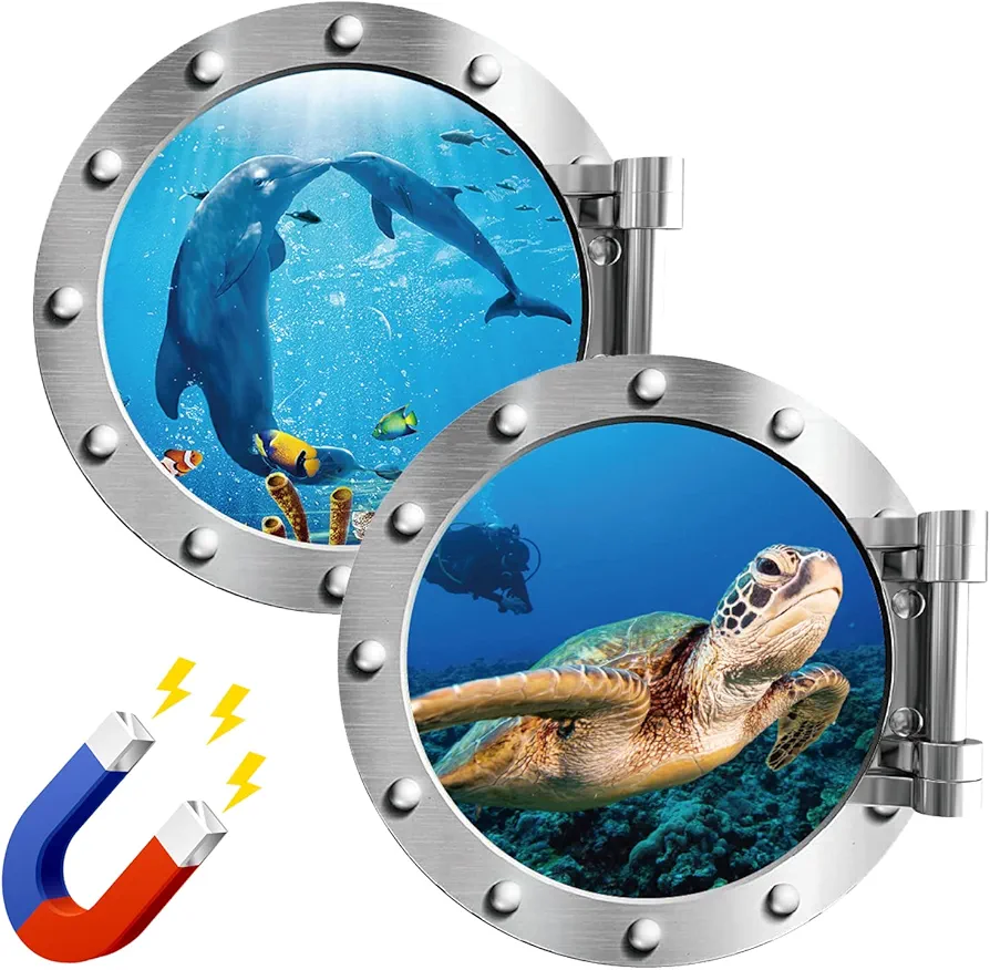 2 Pcs Cruise Door Decorations Magnetic Cruise Porthole Magnets 10 Inch Set Palm Tree Island Sea Turtle Dolphin Ocean Nature Landscape Decoration for Cruise Door Refrigerator Car Door