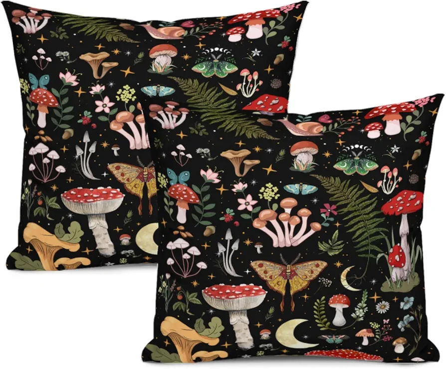 Cute Mushroom Throw Pillows Covers 18x18 Set of 2, Witchy Pillow Cases for Sofa Couch Bedroom Home Decor Moth, Cushion Cover, Witchy Living Room Decor Aesthetic,Witchy Gothic Gifts for Women