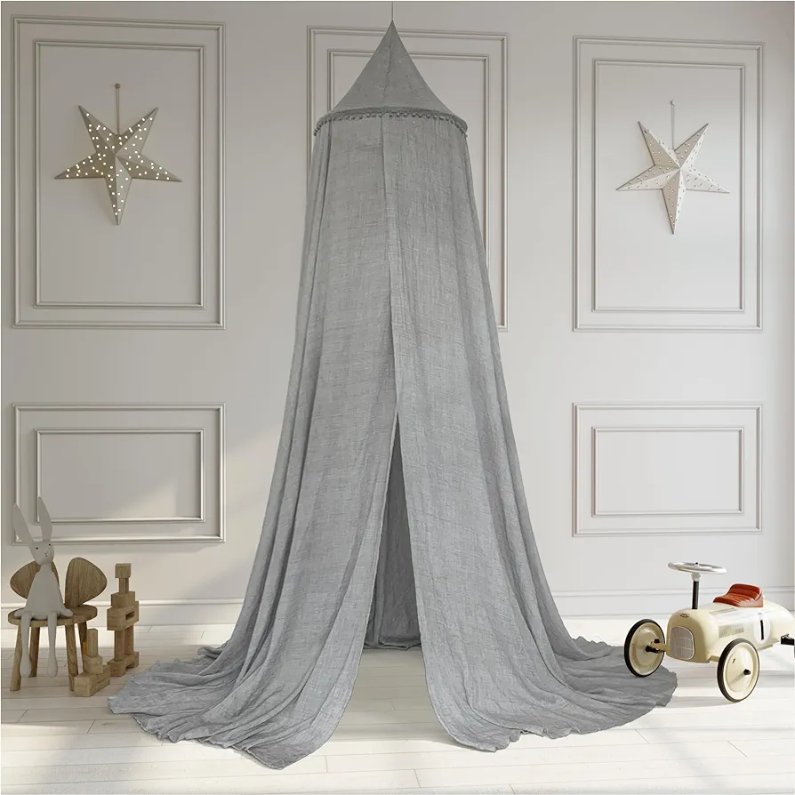 Zeke and Zoey Soft Gray Hanging Bed Canopy for Boys Bed or Girls – Hideaway Tent for Kids Rooms with Pom Poms. Nursery Decoration – Slightly Sheer Drapes – for Child or Reading Nook