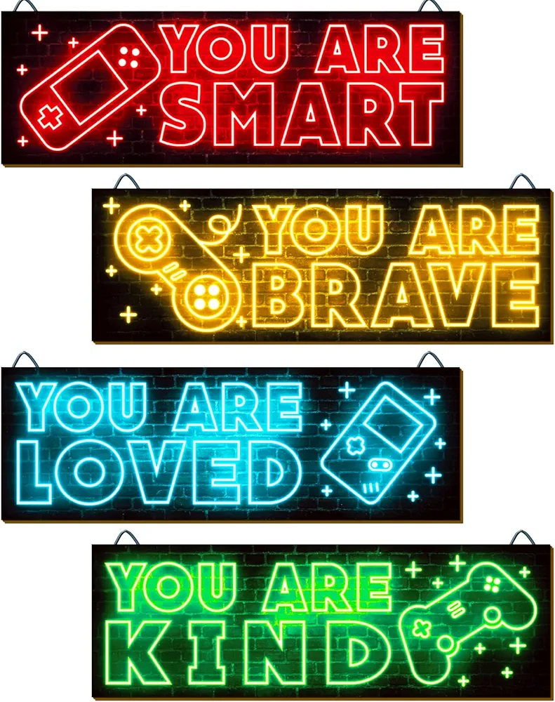 YLOLUL 4pcs Neon Game Art Prints, Wood Wall Art Decor for Boys Room, Gamer Decorations, Inspirational Quote Wall Decor, Modern Home Decor, 12 x 4 Inch, Red