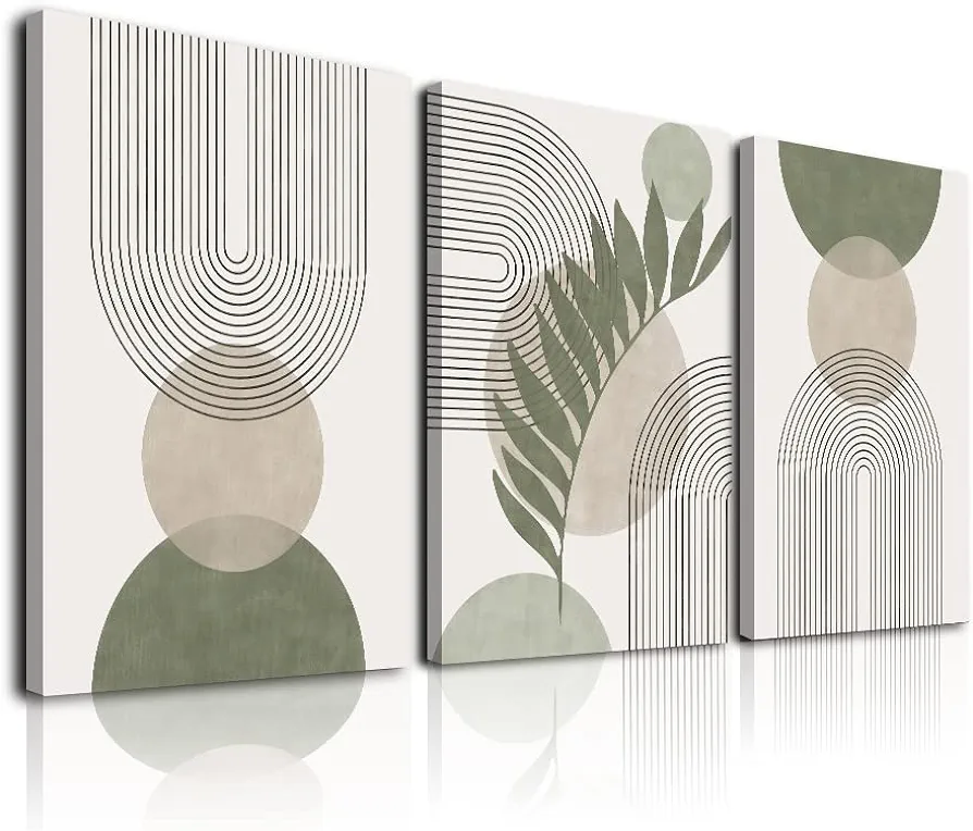 Sage Green Boho Wall Art Set of 3, Minimalist Framed Wall Art Geometric Line Leaf Sun Moon Beige Green Canvas Artwork Paintings, Abstract Botanical Boho Room Decor, Office, 12"x16"